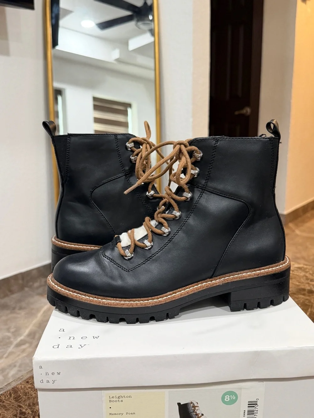 a new day Black Ankle Boots with Tan Laces